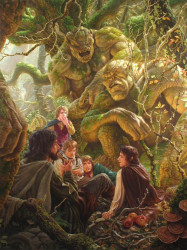 Aragorn y los hobbits descansan en el camino